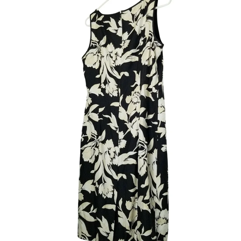 Ann Taylor Floral Silk Sleeveless Dress Black Ivory Midi Women's Size 10 90S‎